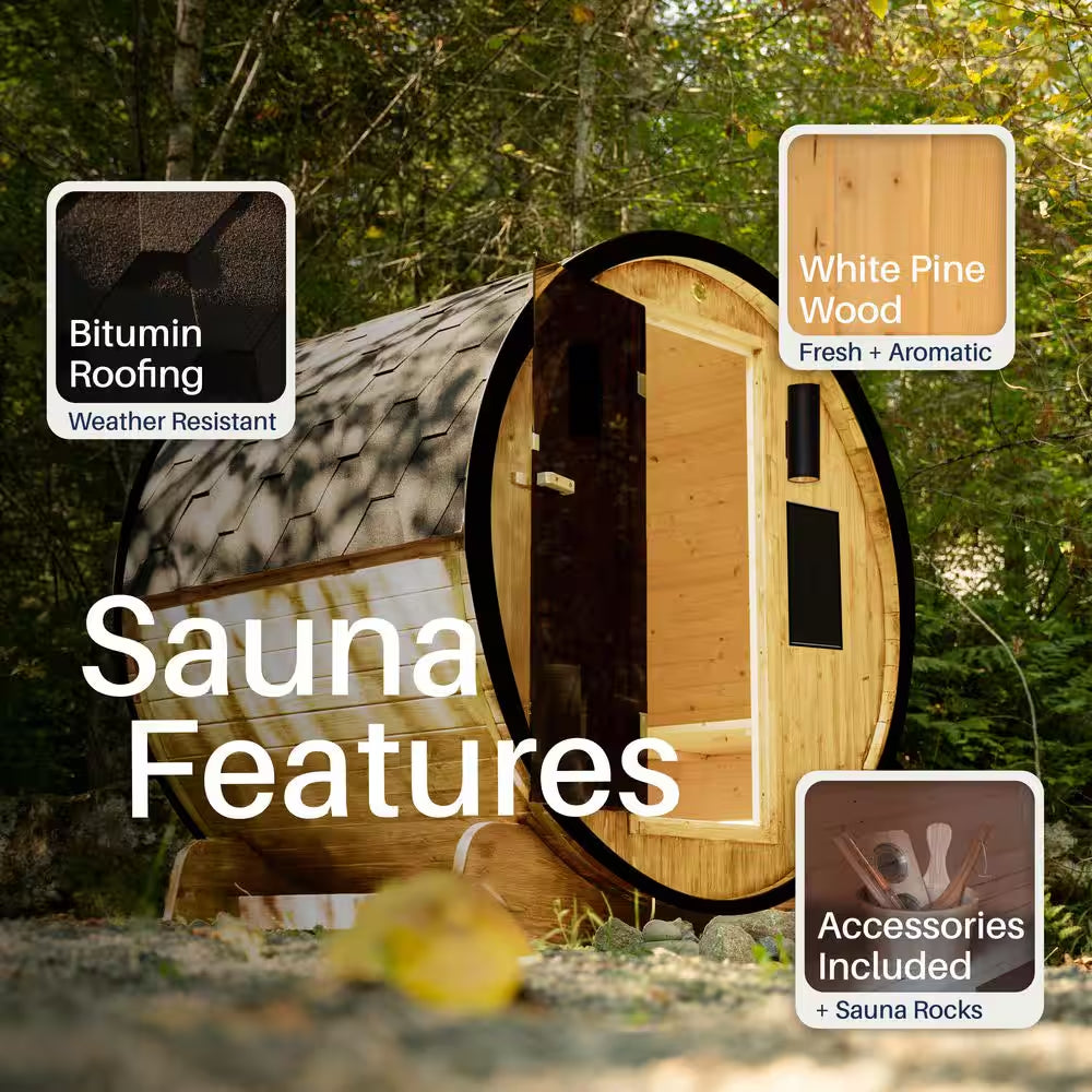3-Person Capacity Outdoor White Finland Pine Wet/Dry Traditional Barrel Sauna with Black Accents