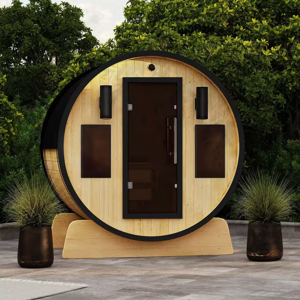 3-Person Capacity Outdoor White Finland Pine Wet/Dry Traditional Barrel Sauna with Black Accents