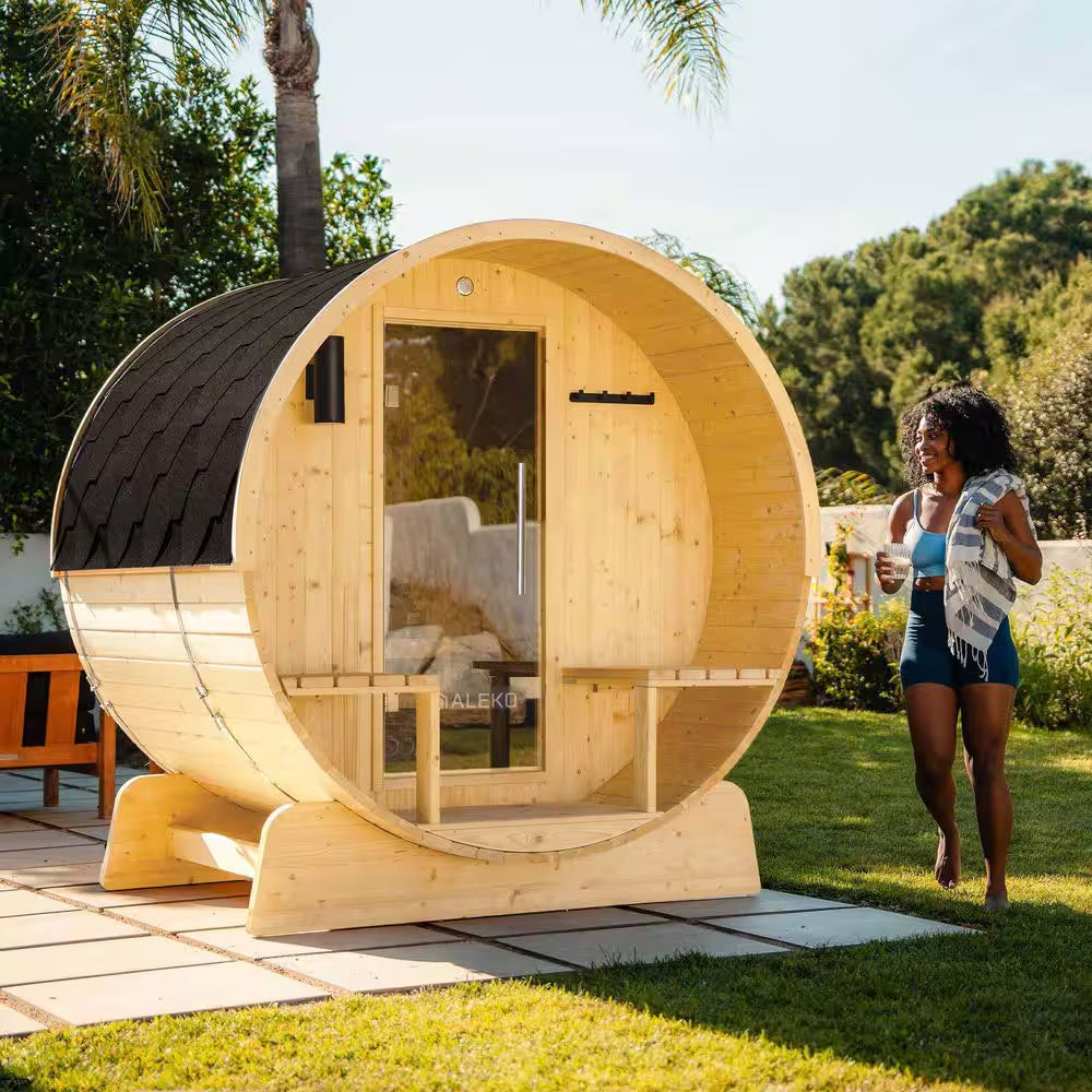 Outdoor Indoor Finland Pine Wet Dry Barrel Sauna 3-5 Person Front Porch Canopy 4.5 Kw ETL Certified Bitumen Shingle Roof