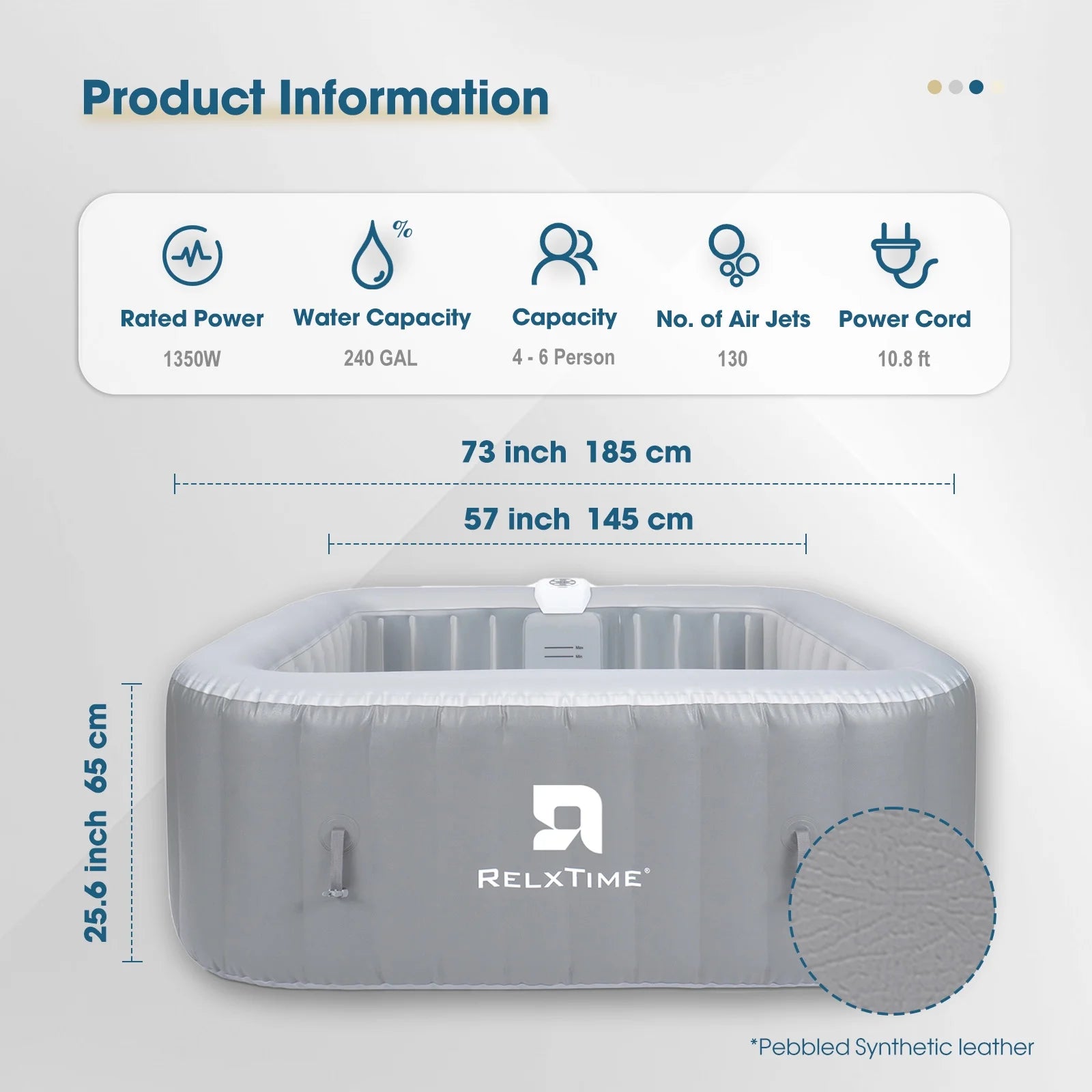 Portable Outdoor Spa, 4-6 Person Inflatable Hot Tub, Square Pool with 130 Massage Jets, 104°F